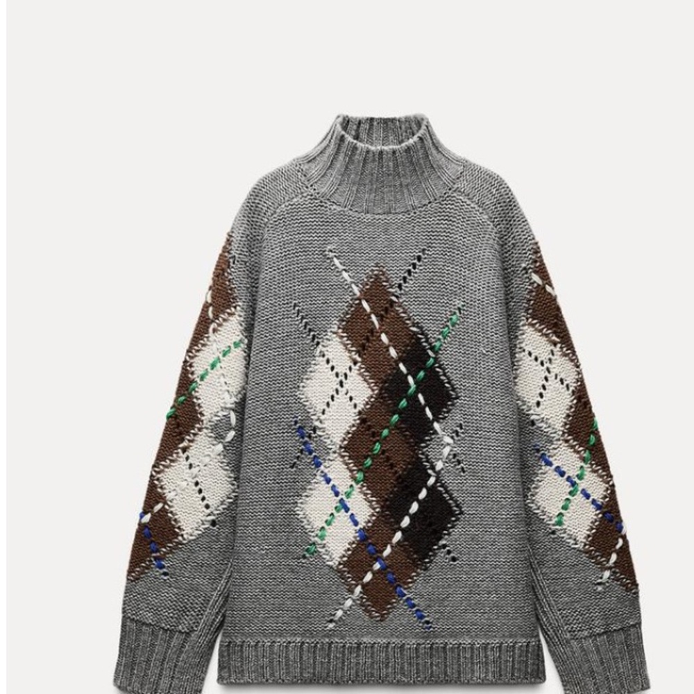 Zara Gray Argyle Sweater with Brown and Blue Accents